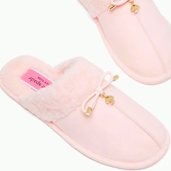 kate spade | Shoes | Kate Spade Pink Slippers Lacey Furry Slip On Fuzzy  Slides Bow Gold Spade Charm 7 | Poshmark
